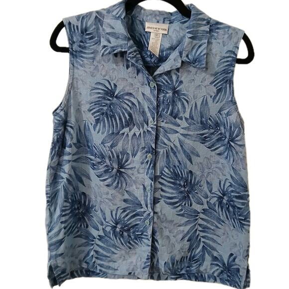 Jones New York Sport Women's Size 12 Sleeveless Button Front Top Blue Leaf Linen - Picture 1 of 5
